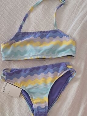 Miken Girls' Wave-Print Bikini in Purple, Yellow, Light Blue
